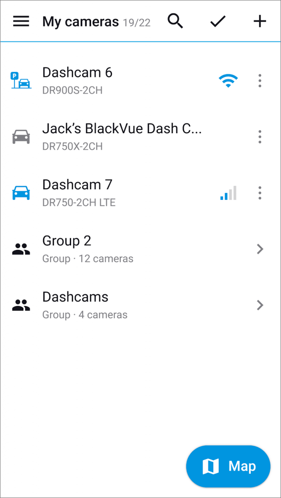 Camera list on Blackvue app