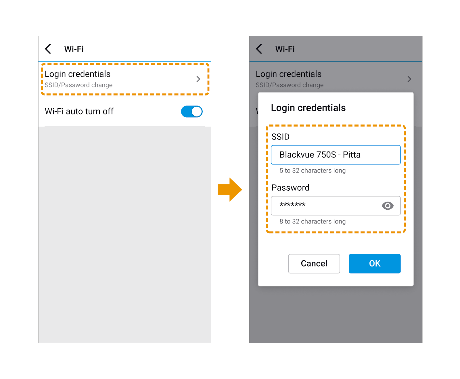 Wi-fi log in credentials settings on blackvue app