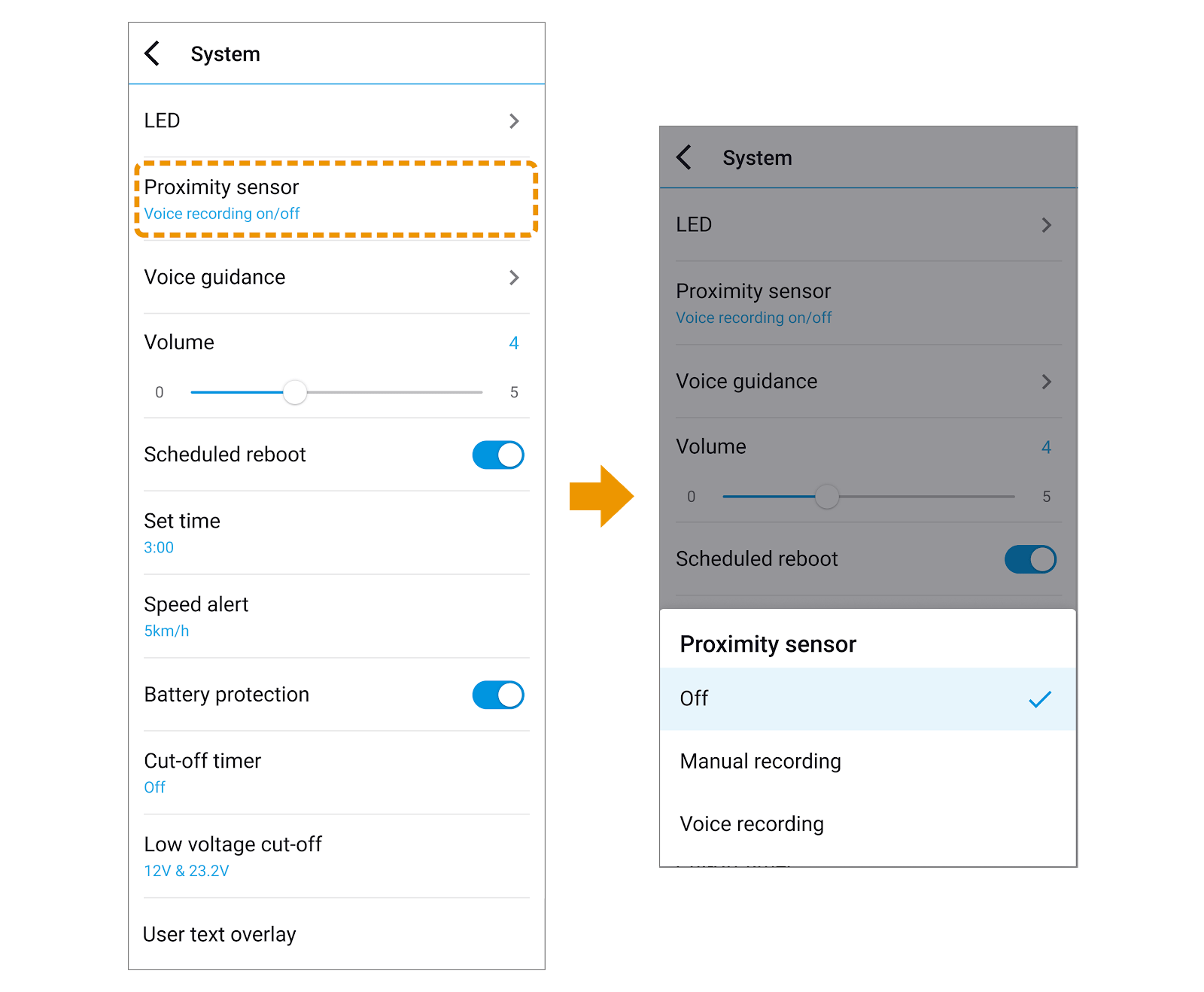 proximity sensor settings on blackvue app