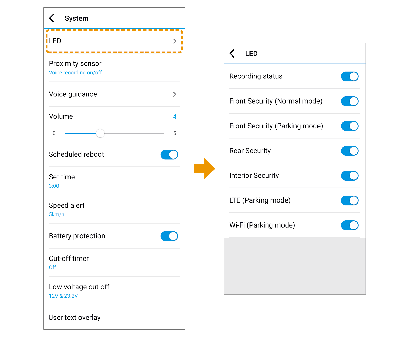 system LED settings on blackvue app
