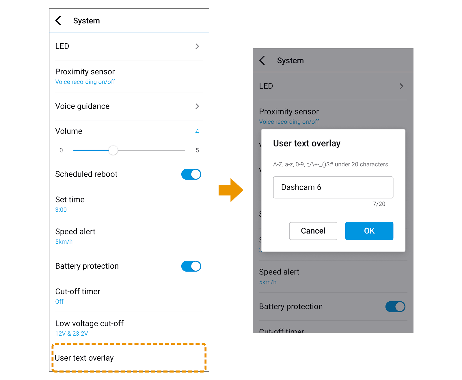 user text overlay settings on blackvue app